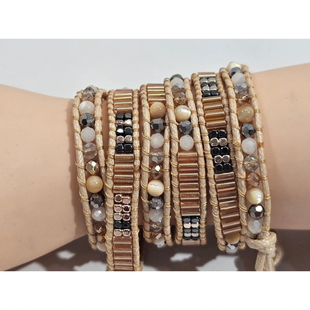 Free‎ Spirit Wrap Bracelet Womens Gold Tan Beaded Boho Multi Strand Layered NEW